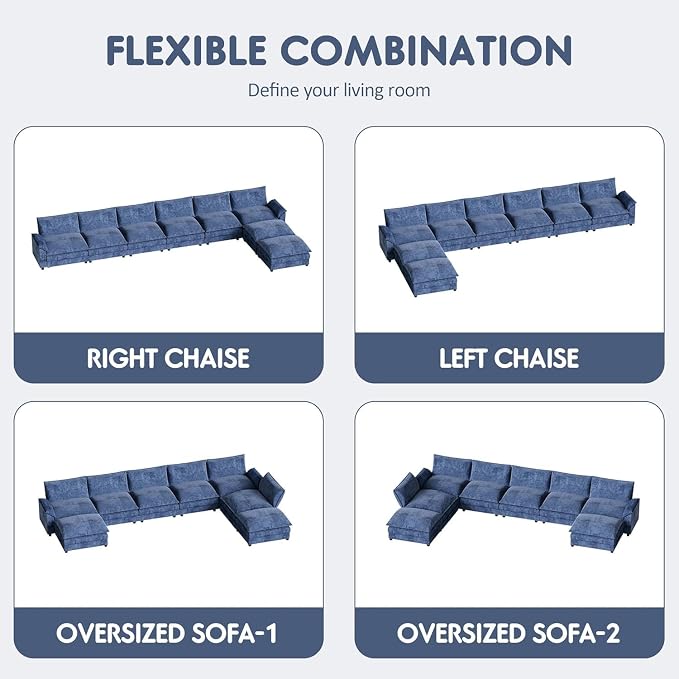 Homall 232" Modular Sectional Sofa, Oversized Sofa Couch with Reversible Ottoman, DIY Combination Chenille Deep 6-Seat Cloud Couch for Living Room, Apartment (Dark Blue, Oversized Sofa)