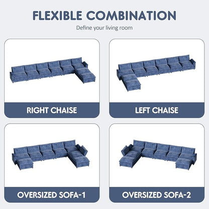 Homall 232" Modular Sectional Sofa, Oversized Sofa Couch with Reversible Ottoman, DIY Combination Chenille Deep 6-Seat Cloud Couch for Living Room, Apartment (Dark Blue, Oversized Sofa)