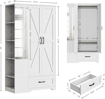 LIKIMIO 70" Tall Wardrobe Closet with Mirror, Side Shelves & Drawer, Freestanding Bedroom Armoire with Hanging Rod, X Barn Door Storage Cabinet for Bedroom, White