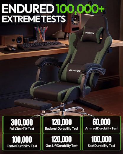 Dowinx Ergonomic Gaming Chair with Footrest & Massage Lumbar, 2D-Linkage Armrests for Computer Chair 330lbs with Headrest Pillow for Office, Home, Streaming and Long Gaming Sessions, Fabric Dark Green