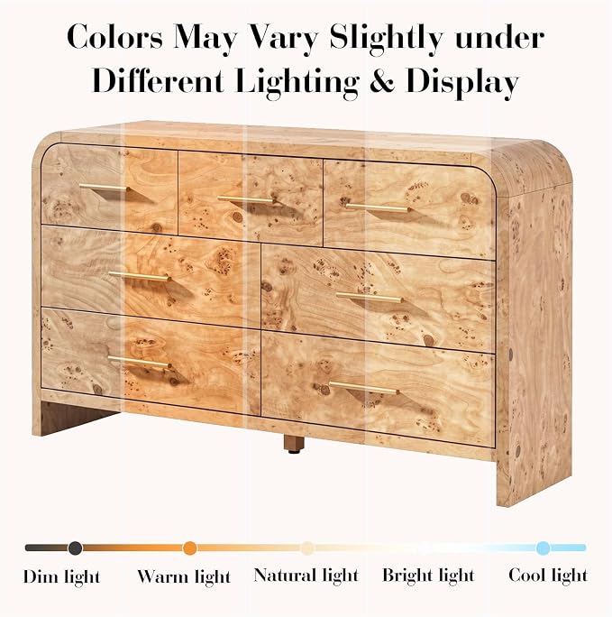 Curved 7 Drawer Dresser for Bedroom, 53.82'' Wide Chest of Drawers, Modern Storage Cabinet for Hallway & Living Room TV Stand, FSC Certified 1.18" Thick Board, 100 lbs Top Weight, Light Burl