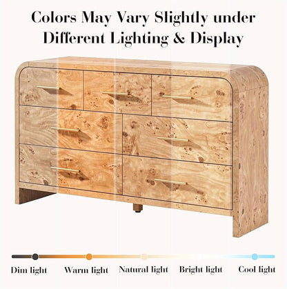 Curved 7 Drawer Dresser for Bedroom, 53.82'' Wide Chest of Drawers, Modern Storage Cabinet for Hallway & Living Room TV Stand, FSC Certified 1.18" Thick Board, 100 lbs Top Weight, Light Burl