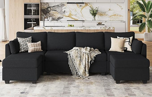 Huatean Home 114.17" Modular Sectional Sofa, 6 Seat Sectional Couches with Storage, Memory Foam, Convertible Modular Couch for Living Room, U Shaped Comfy Modular Sofa with Chaise, Black