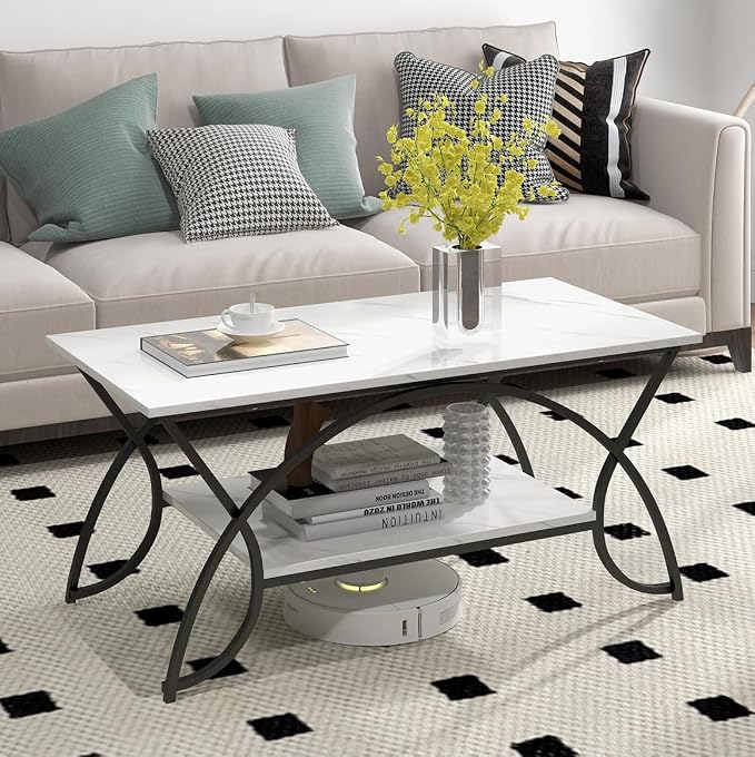 Giantex 2-Tier Rectangular Coffee Table, Faux Marble Table with Open Storage Shelf, Black Finished Metal Frame, Modern Center Table for Living Room, Reception Room (White+Black)