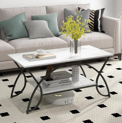 Giantex 2-Tier Rectangular Coffee Table, Faux Marble Table with Open Storage Shelf, Black Finished Metal Frame, Modern Center Table for Living Room, Reception Room (White+Black)