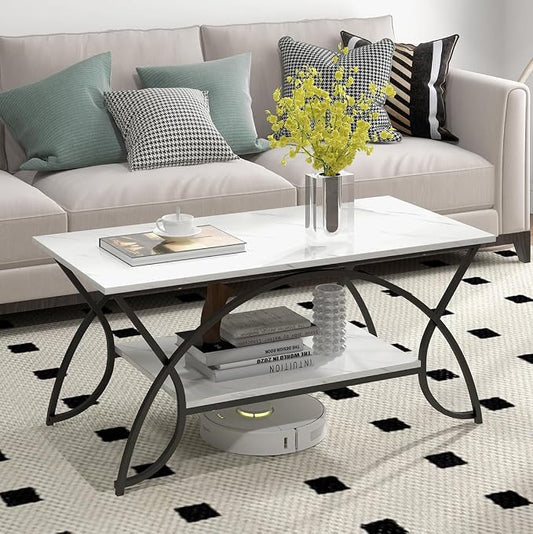 Giantex 2-Tier Rectangular Coffee Table, Faux Marble Table with Open Storage Shelf, Black Finished Metal Frame, Modern Center Table for Living Room, Reception Room (White+Black)