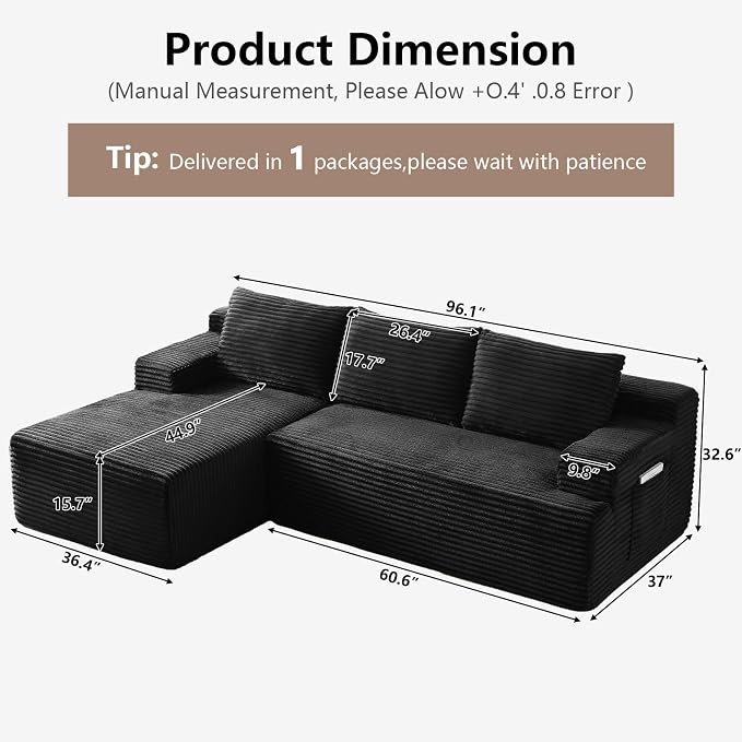 96" Cloud Sectional Couch with L-Shape Chaise, Modular Comfy Sofa Chaise Longue, Upholstered Corduroy Couches Sleeper with Deep Seat for Living Room Bedroom, No Assembly Required(Black, Left Facing)