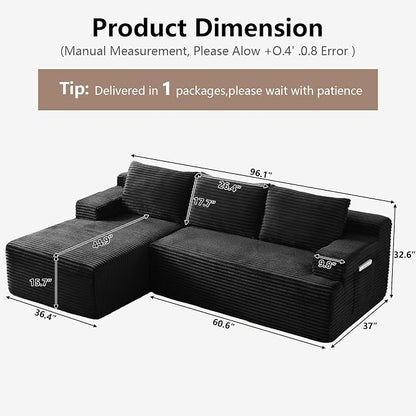 96" Cloud Sectional Couch with L-Shape Chaise, Modular Comfy Sofa Chaise Longue, Upholstered Corduroy Couches Sleeper with Deep Seat for Living Room Bedroom, No Assembly Required(Black, Left Facing)