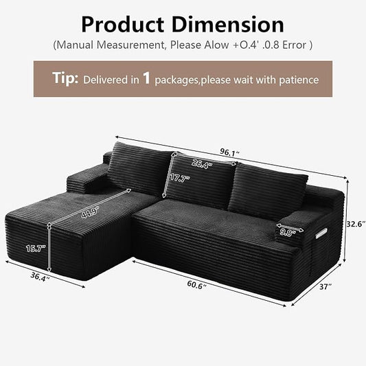 96" Cloud Sectional Couch with L-Shape Chaise, Modular Comfy Sofa Chaise Longue, Upholstered Corduroy Couches Sleeper with Deep Seat for Living Room Bedroom, No Assembly Required(Black, Left Facing)