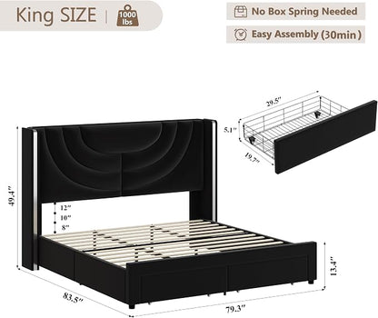 HITHOS King Upholstered LED Bed Frame with 2 Storage Drawers, Velvet Platform Bed with Wingback Headboard, Solid Wooden Slats Support, No Box Spring Needed, Headboard Splicing Design