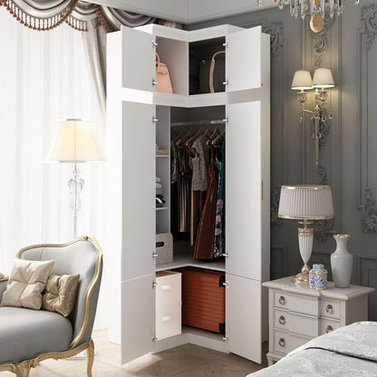 MOUMON L-Shaped 4 Door Wardrobe Closet with Shelves, Armoire Wardrobe Closet with Hanging Rod, Top Cube Storage, White and Gold 35.4”W x 35.4”D x 94.7”H