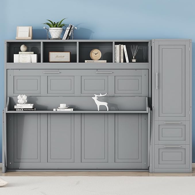 Virubi Full Horizontal Murphy Bed with Storage Wardrobe Closet,2 Drawer,4 Storage Shelves,Wood Folding Murphy Wall Bed Cabinet for Adult (Grey)