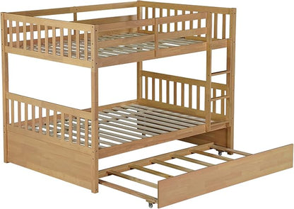 Harper & Bright Designs Convertible Wood Full-Over-Full Bunk Bed with Trundle and Ladder - Can Be Divided Into Two Platform Beds, White Oak