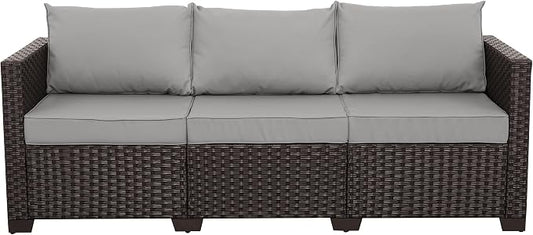 WAROOM Patio Couch PE Rattan 3-Seat Outdoor Sofa Brown Wicker Furniture Set Deep Seating with Anti-Slip Grey Cushion