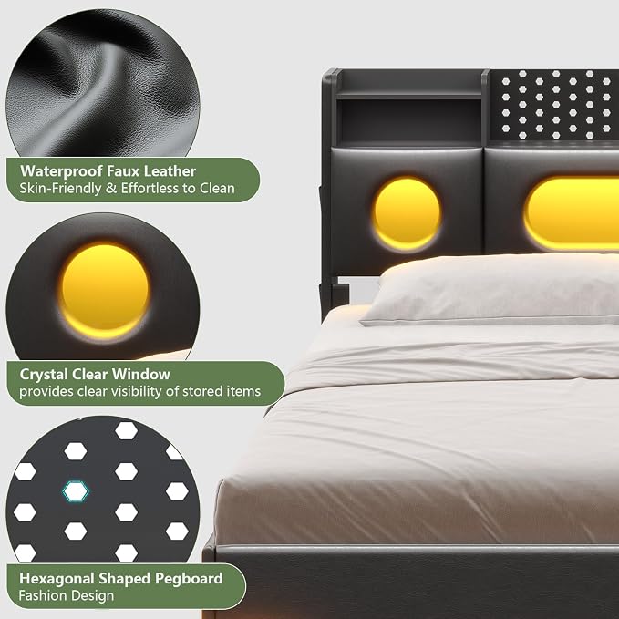 Dnxao California King Bed Frames with Hidden Storage Headboard, PU Black | Floating Bed Frame with LED Lights & Charging Station, No Noise, No Box Spring Needed, Hidden Storage, Easy Assembly