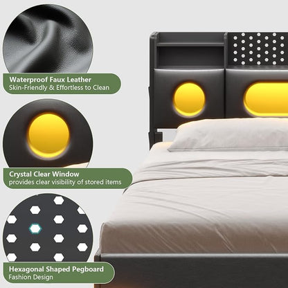 Dnxao California King Bed Frames with Hidden Storage Headboard, PU Black | Floating Bed Frame with LED Lights & Charging Station, No Noise, No Box Spring Needed, Hidden Storage, Easy Assembly