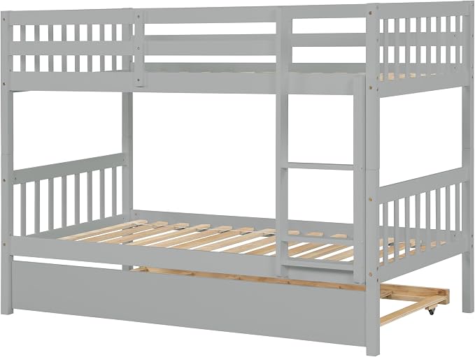 Bellemave Twin Over Twin Bunk Bed with Trundle,Convertible Bunk Beds with Ladder & Safety Guardrails,Twin Size Bunk Beds for Kids Girls Boys,Grey