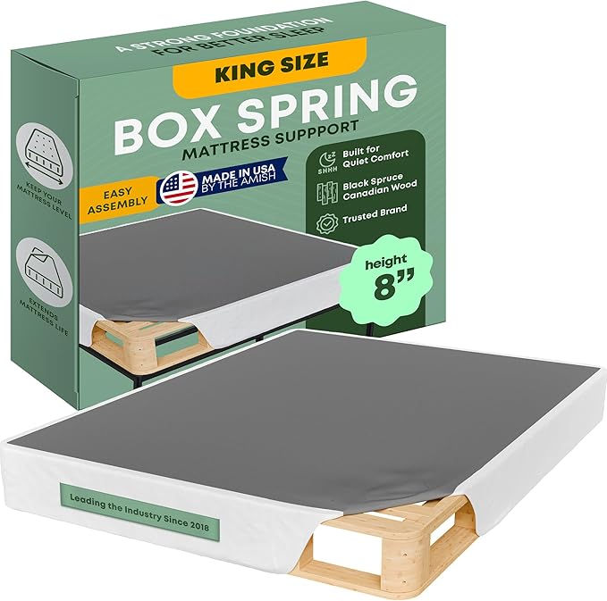 Greaton, 8” King Box Spring for King Bed – Amish-Made in the USA – Solid Wood Box Spring Mattress Foundation with Stable & Quiet Support – Flat-Packed & Easy Assembly – White