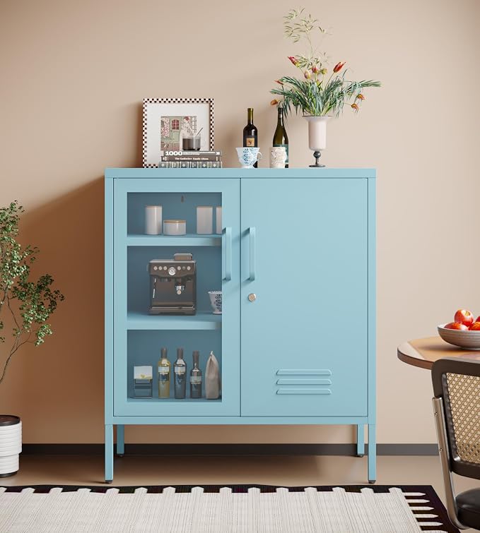 Locking Steel Storage Cabinet Shoe Cabinet for Living Room Bathroom Kitchen Left Glass Door Right Iron Door Blue Size：33" H x 29.5" W x 13.8" D