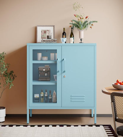Locking Steel Storage Cabinet Shoe Cabinet for Living Room Bathroom Kitchen Left Glass Door Right Iron Door Blue Size：33" H x 29.5" W x 13.8" D