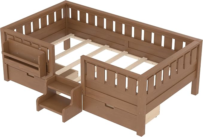 Bellemave Twin Kids Montessori Bed with Stairs, Bookshelf and Drawers, Solid Wood Kids Bed Frame with Storage for Boys Girls, Low Profile,Natural