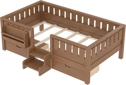 Bellemave Twin Bed with Storage Drawers & Bookshelf, Low Profile Kids Bed Frame with Staircase & Full Length Guardrails, Wood Twin Bed for Kids with Slats Load 300LBS, Easy Assembly, Oak Brown