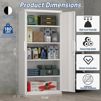 Metal Garage Storage Cabinets with Lock, 72" H White Storage Cabinet with Doors and Adjustable Shelves, Lockable File Cabinet, Steel Tool Cabinets for Home, Office, Garage, Shop, School