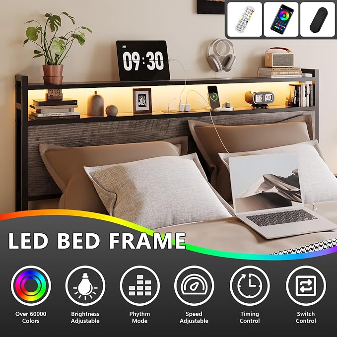 VINGLI LED Queen Bed Frame with 4 Storage Drawers and Adjustable Headboard Shelf, Metal Platform Panel Bed with Charging Station for Kids Teens, Adults, No Box Spring Needed, Wash Gray
