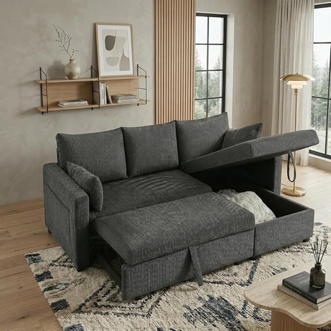Queen Sleeper Sofa, Convertible Sofa Bed with Storage, 85 Inch Sectional Couch with Pull Out Bed, L Shaped 3 Seat Sectional Sleeper Sofa for Living Room, Apartment, Black