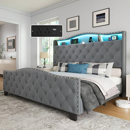 Belffin Queen Size Bed Frame and Headboard, 50.9" Velvet Upholstered Wingback Bedframe with LED Lights & Storage/Charging Station, Button Tufted Tall Footboard, No Box Spring Needed, Noise-Free, Grey