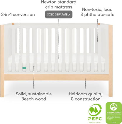 Newton Baby Galileo Standard Crib, Solid Beech Wood in Natural/Dove 2-Tone Color, 3-in-1 Convertible Crib with Toddler Bed Conversion Kit, Ultra-Safe Non-Toxic Finish