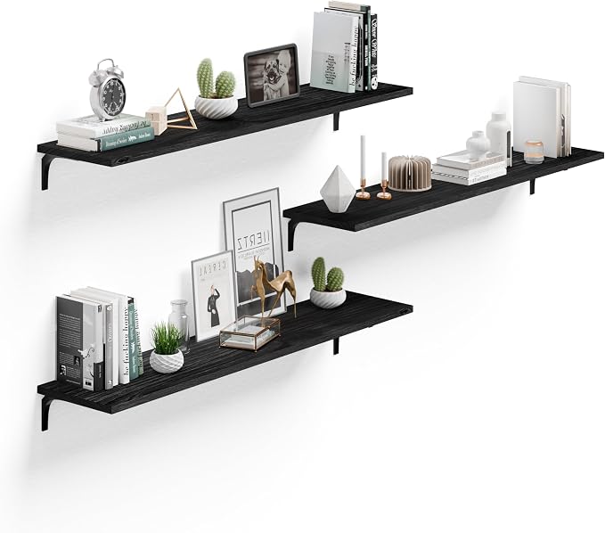 Deep Floating Shelves, 12 Inch Extra Wide Solid Wood Wall Shelves, 48 Inch Long Heavy Duty Wall Mounted Bookshelf for Living Room, Kitchen and Bedroom, Set of 3 (Black)