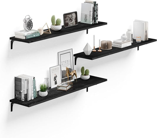 Deep Floating Shelves, 12 Inch Extra Wide Solid Wood Wall Shelves, 48 Inch Long Heavy Duty Wall Mounted Bookshelf for Living Room, Kitchen and Bedroom, Set of 3 (Black)