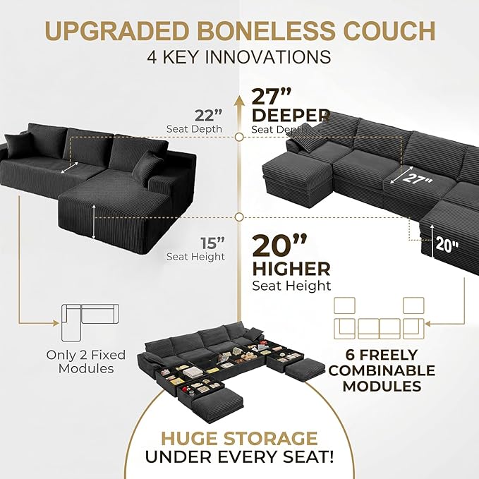Upgrade Boneless Couch with Storage, Extra Deep&High Seat Modular Sectional Sofa 4 Seater U Shaped Cloud Couch with Ottoman, Tool-Free Assembly Sectional Couches for Living Room