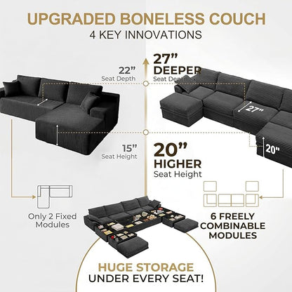 Upgrade Boneless Couch with Storage, Extra Deep&High Seat Modular Sectional Sofa 4 Seater U Shaped Cloud Couch with Ottoman, Tool-Free Assembly Sectional Couches for Living Room