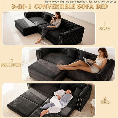 90.6'' Futon Sofa Bed, Chesterfield Velvet Sleeper Sofa, Convertible Floor L-Shaped Couch, Tufted Back, 4 Pillows, Gold Edge Trim, Deep Loveseat Couches for Living Room, Apartment, Gold Black