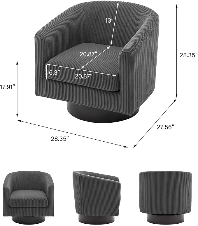 Swivel Barrel Accent Chair, Modern Round Corduroy Fabric Arm Chair for Living Room, Bedroom, Comfy Club Reading Chairs for Adults (Corduroy Grey, Set of 2)