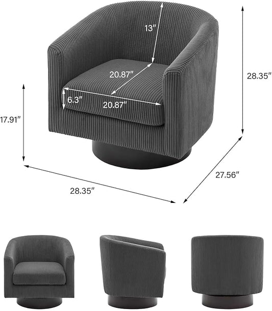 Swivel Barrel Accent Chair, Modern Round Corduroy Fabric Arm Chair for Living Room, Bedroom, Comfy Club Reading Chairs for Adults (Corduroy Grey, Set of 2)