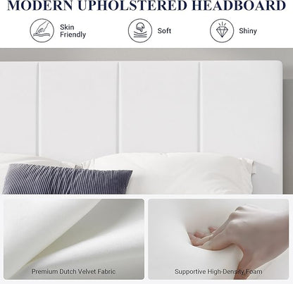 Allewie Full Size Dutch Velvet Upholstered Platform Bed Frame/Vertical Channel Tufted Adjustable Headboard/Low Profile Bed Frame/No Box Spring Needed/Easy Assembly/White