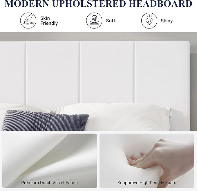 Allewie Queen Size Dutch Velvet Upholstered Platform Bed Frame/Vertical Channel Tufted Adjustable Headboard/Low Profile Bed Frame/No Box Spring Needed/Easy Assembly/White