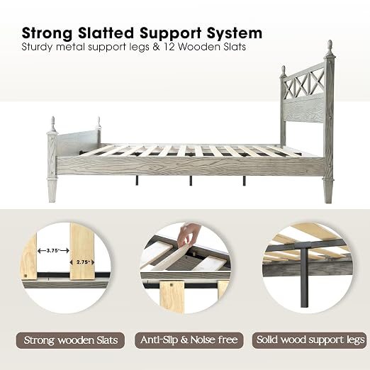 King Size Platform Bed Frame with Solid Wood Headboard & Footboard, 12 Heavy-Duty Slatted, Metal Legs, Anti-Slip & Noise-Free, Easy Assembly, No Box Spring Needed, Weathered Gray Oak Finish RIK-34