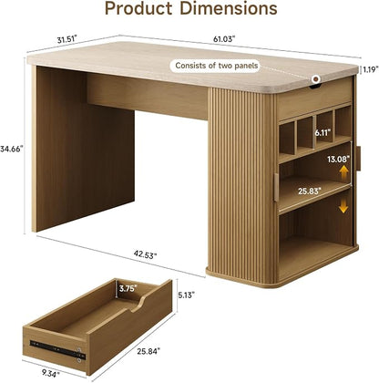ONBRILL 61 Inch Kitchen Island with Storage, Fluted Counter Height Table, Mid-Century Modern Kitchen Island Table with Sliding Door, Home Bar Tables with Wine Rack and Drawers (Travertine Color)