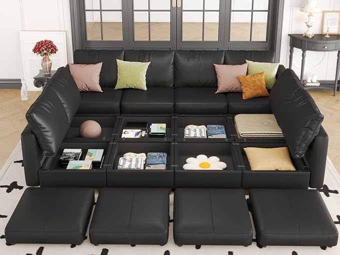EASE MOOSE Oversized Modular Sectional Sleeper Sofa with Storage, Faux Leather sectional Large Modular Sofa Couch Sectional Sofa Sleeper for Living Room