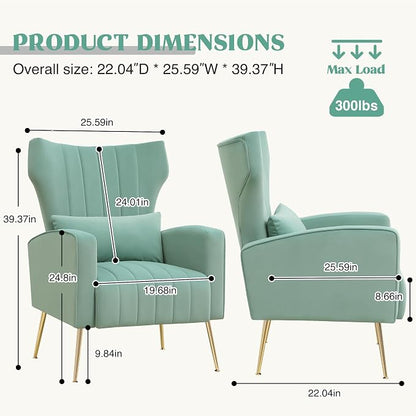 Accent Chairs Set of 2,Upholstered Living Room Chairs,High Back Arm Chairs with Metal Legs Lumbar Reading Chairs for Living Room,Bedroom, Apartment Lake Green