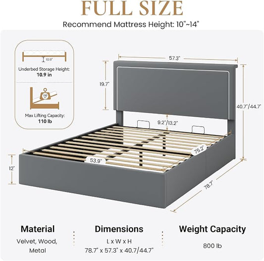 SHA CERLIN Full Size Hydraulic Lift-Up Storage Platform Bed Frame with Charging Station, RGB LED Lights, Adjustable Velvet Headboard, USB-A and USB-C Ports, No Box Spring Needed, Grey