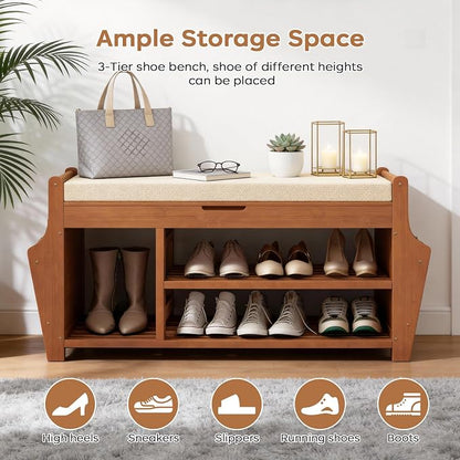 oakvivo 47.2in Shoe Bench Entryway - Bamboo Shoe Rack Bench with Storage, Shoe Rack Organizer with Cushion, 2 Side Holder, Holds Up tp 330lbs for Front Door Entrance, Living Room