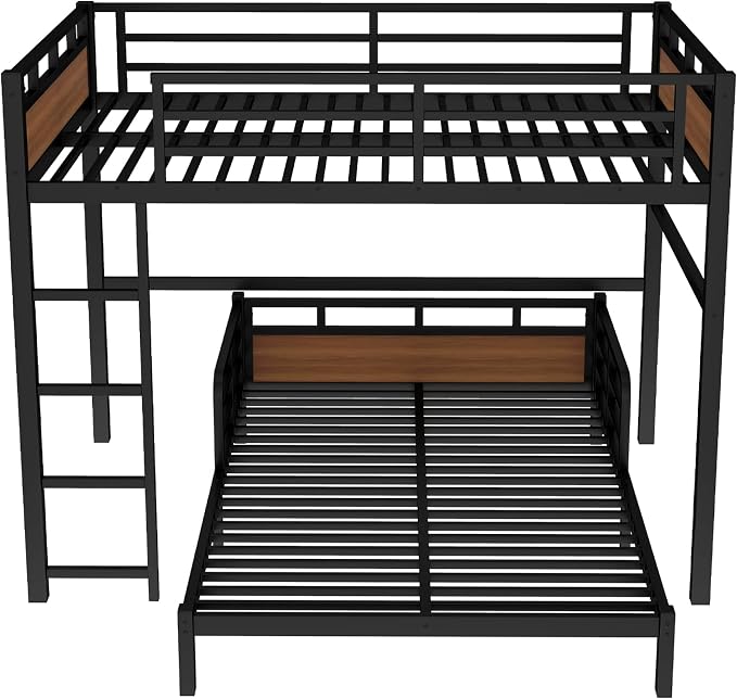 Full Over Full Metal Bunk Bed, Heavy Duty Convertible Bunk Bed Frame with Headboard & Full Guardrails, Can Be Split into Two Platform Beds or Loft Bed,Walnut