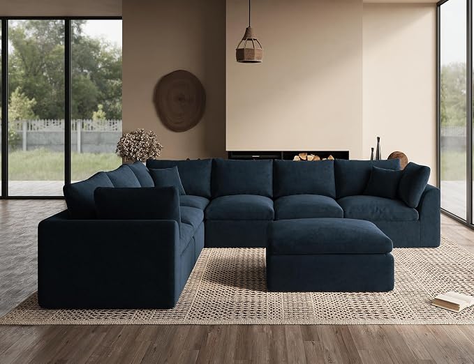 ohllob Oversized Cloud Couches for Living Room, Boneless Sectional Couch with Ottoman, 7 Seater Large Modular Sectional Sofa, Dark Blue