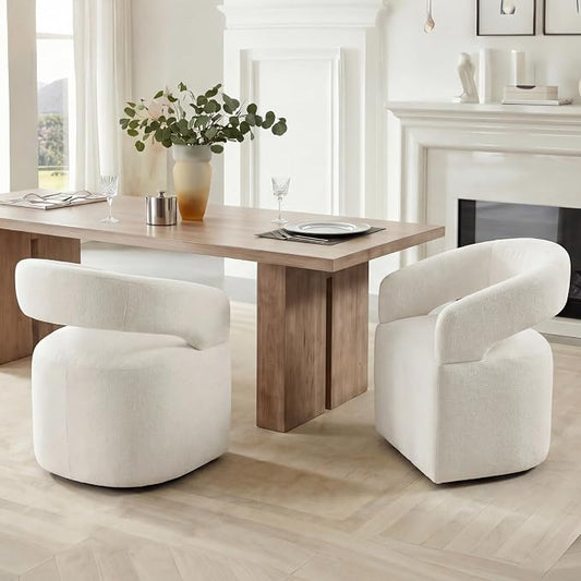 KISLOT Upholstered Dining Chairs Set of 2, Modern Arm Kitchen & Dining Room Chairs with Hidden Casters, Linen Fabric Padded Rolling Chairs, Sturdy Wood Frame, 300 lbs Capacity, Ivory White
