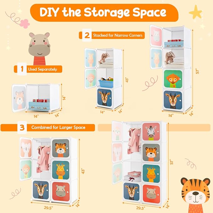 HONEY JOY Kids Wardrobe Closet, Baby Cartoon Clothes Storage Organizer, 8 Cubes & 2 Hanging Sections, Portable Children DIY Modular Bedroom Armoire Dresser Cabinet for Boys Girls (White)